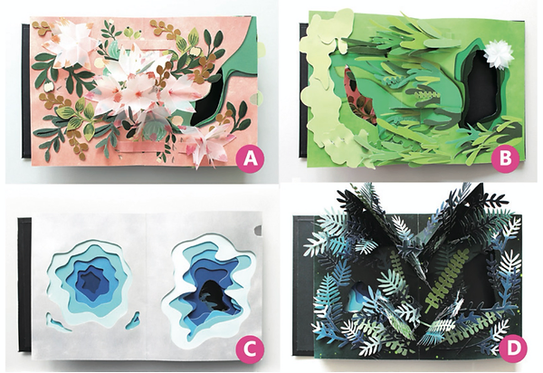 Figure1. Four scenarios in Beyond Paper. A–a blooming flower; B –sapling in the rain; C–pond; D- flickering fireflies.